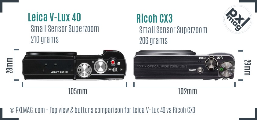 Leica V-Lux 40 vs Ricoh CX3 top view buttons comparison