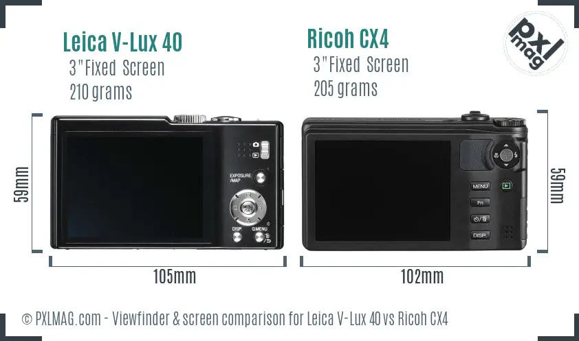 Leica V-Lux 40 vs Ricoh CX4 Screen and Viewfinder comparison