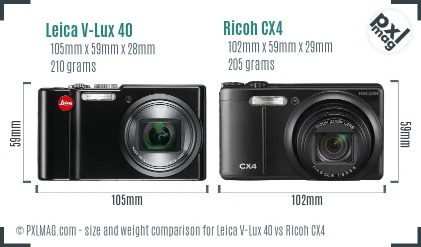 Leica V-Lux 40 vs Ricoh CX4 size comparison