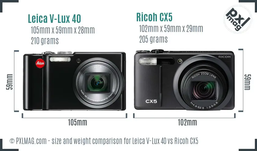 Leica V-Lux 40 vs Ricoh CX5 size comparison