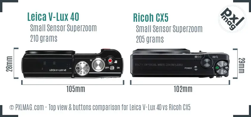 Leica V-Lux 40 vs Ricoh CX5 top view buttons comparison