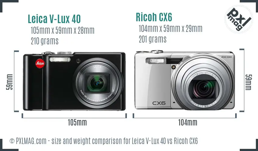 Leica V-Lux 40 vs Ricoh CX6 size comparison