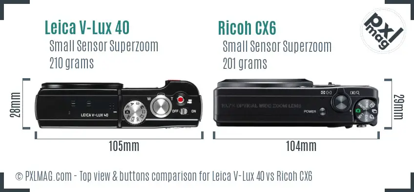 Leica V-Lux 40 vs Ricoh CX6 top view buttons comparison
