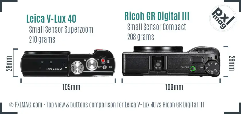 Leica V-Lux 40 vs Ricoh GR Digital III top view buttons comparison Leica V-Lux 40 vs Ricoh GR Digital III top view buttons comparison