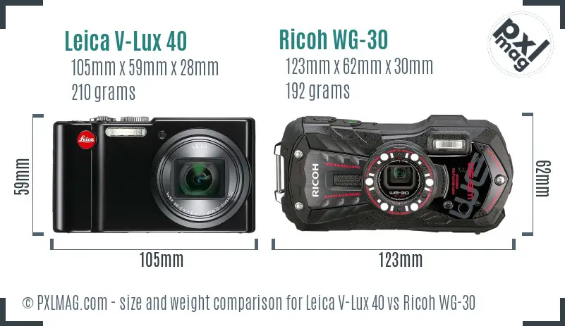 Leica V-Lux 40 vs Ricoh WG-30 size comparison