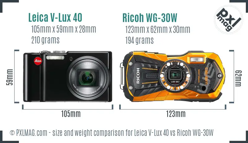 Leica V-Lux 40 vs Ricoh WG-30W size comparison