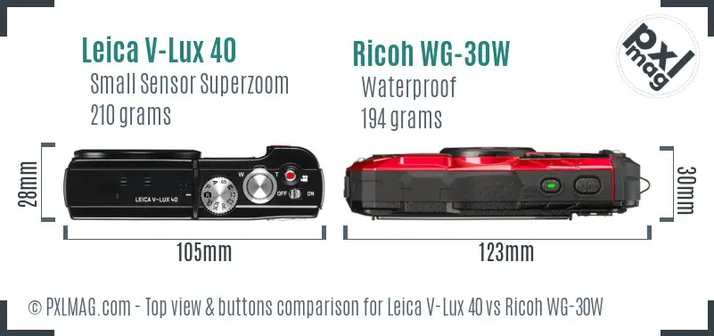 Leica V-Lux 40 vs Ricoh WG-30W top view buttons comparison