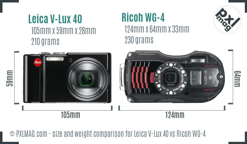 Leica V-Lux 40 vs Ricoh WG-4 size comparison