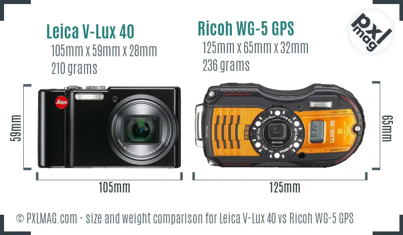 Leica V-Lux 40 vs Ricoh WG-5 GPS size comparison