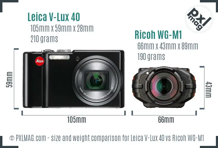 Leica V-Lux 40 vs Ricoh WG-M1 size comparison