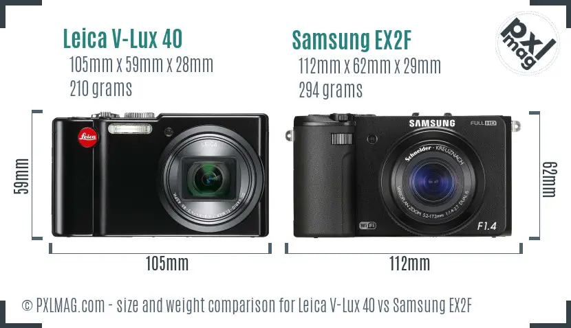 Leica V-Lux 40 vs Samsung EX2F size comparison