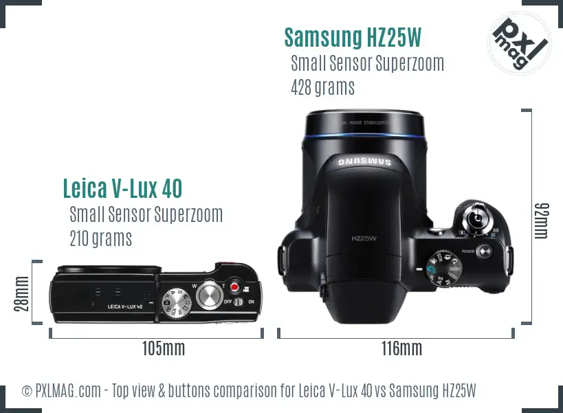 Leica V-Lux 40 vs Samsung HZ25W top view buttons comparison Leica V-Lux 40 vs Samsung HZ25W top view buttons comparison