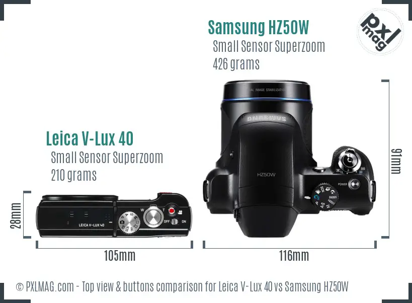 Leica V-Lux 40 vs Samsung HZ50W top view buttons comparison