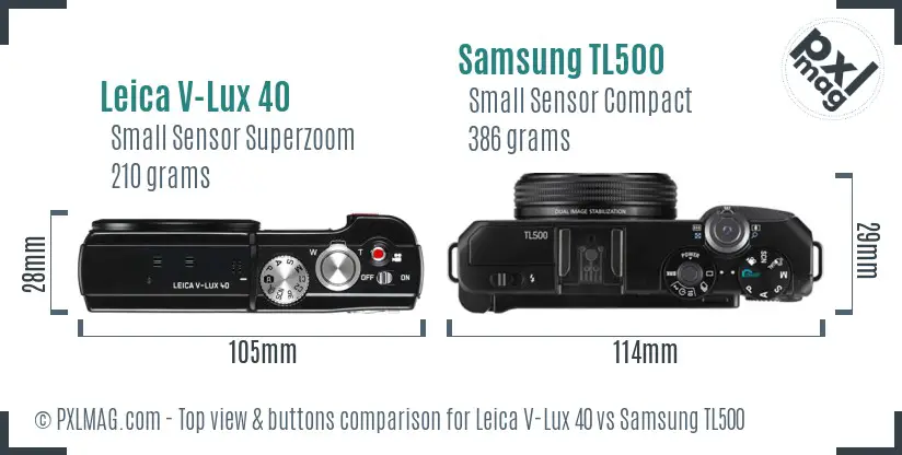 Leica V-Lux 40 vs Samsung TL500 top view buttons comparison