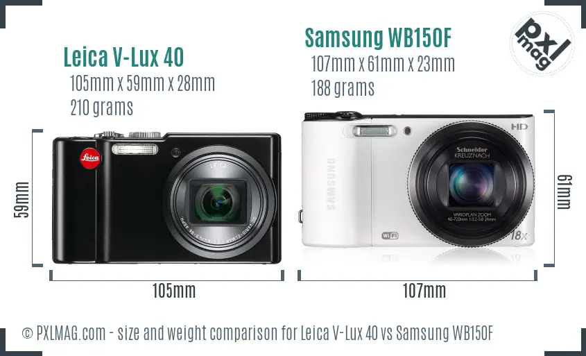 Leica V-Lux 40 vs Samsung WB150F size comparison