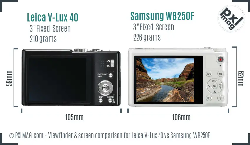 Leica V-Lux 40 vs Samsung WB250F Screen and Viewfinder comparison