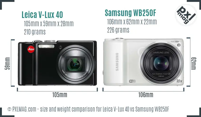 Leica V-Lux 40 vs Samsung WB250F size comparison