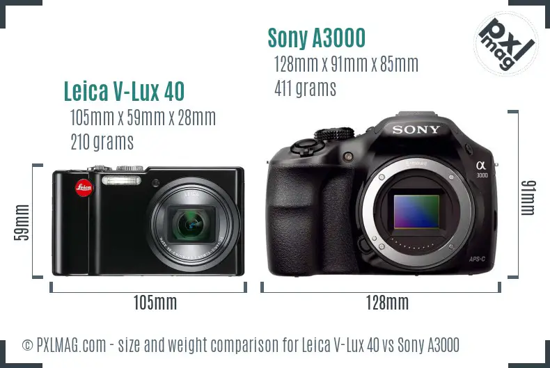 Leica V-Lux 40 vs Sony A3000 size comparison