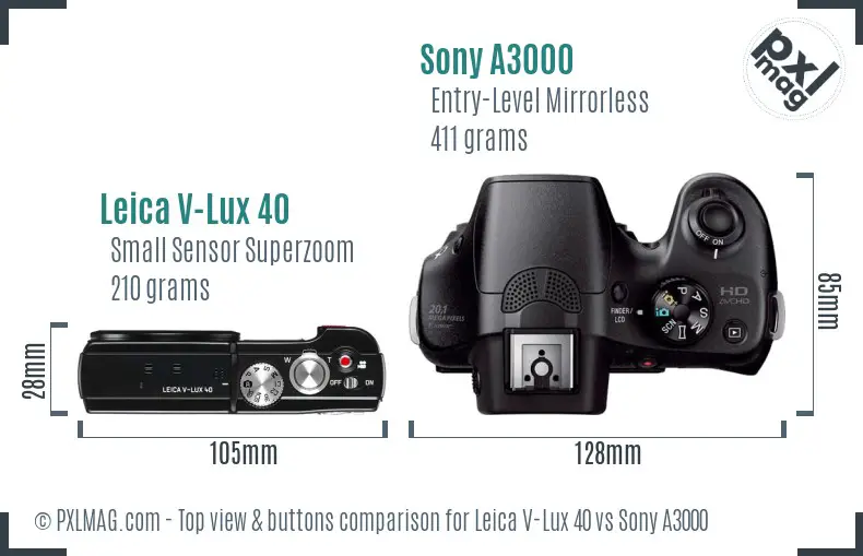 Leica V-Lux 40 vs Sony A3000 top view buttons comparison
