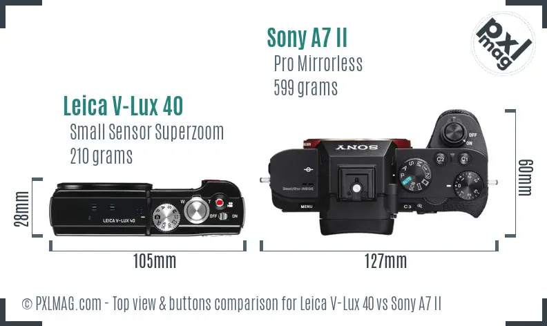 Leica V-Lux 40 vs Sony A7 II top view buttons comparison Leica V-Lux 40 vs Sony A7 II top view buttons comparison