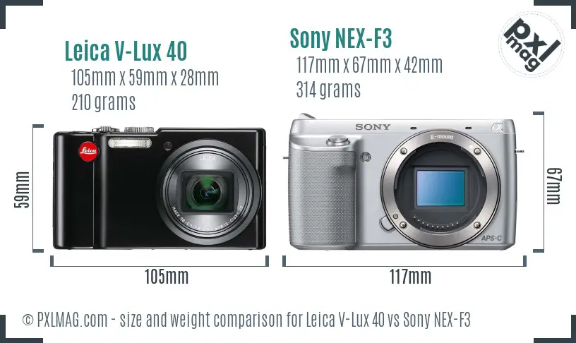 Leica V-Lux 40 vs Sony NEX-F3 size comparison