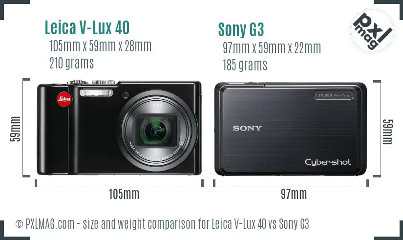 Leica V-Lux 40 vs Sony G3 size comparison