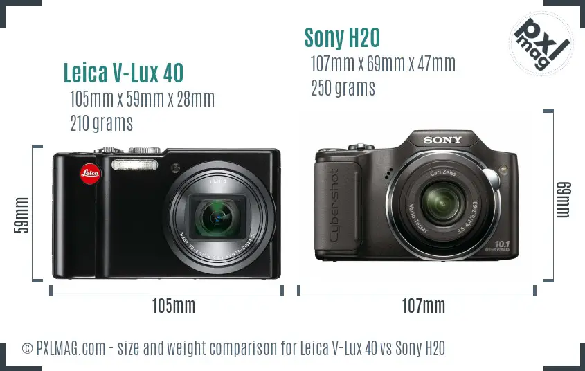 Leica V-Lux 40 vs Sony H20 size comparison