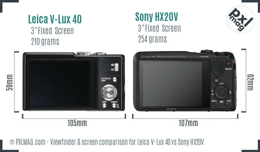 Leica V-Lux 40 vs Sony HX20V Screen and Viewfinder comparison