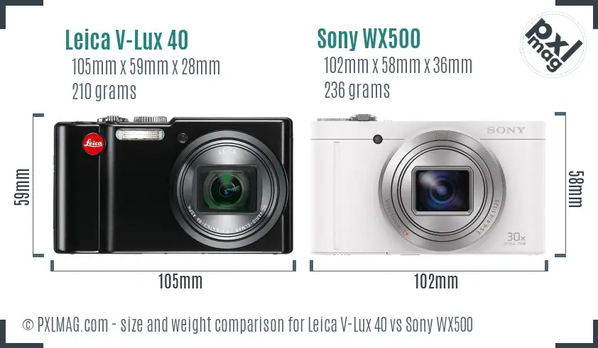 Leica V-Lux 40 vs Sony WX500 size comparison