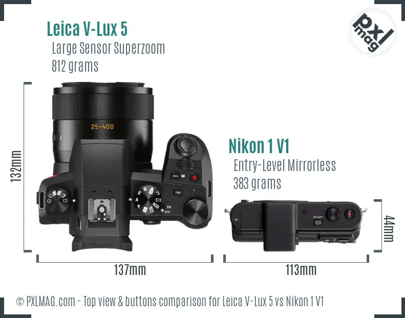 Leica V-Lux 5 vs Nikon 1 V1 top view buttons comparison Leica V-Lux 5 vs Nikon 1 V1 top view buttons comparison
