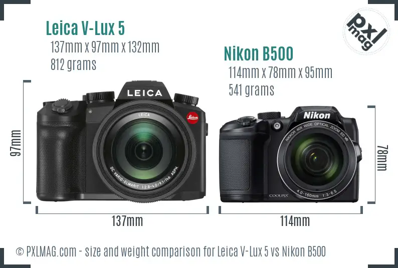 Leica V-Lux 5 vs Nikon B500 size comparison