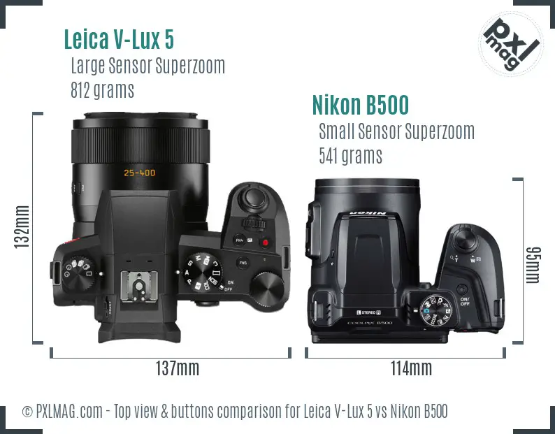 Leica V-Lux 5 vs Nikon B500 top view buttons comparison