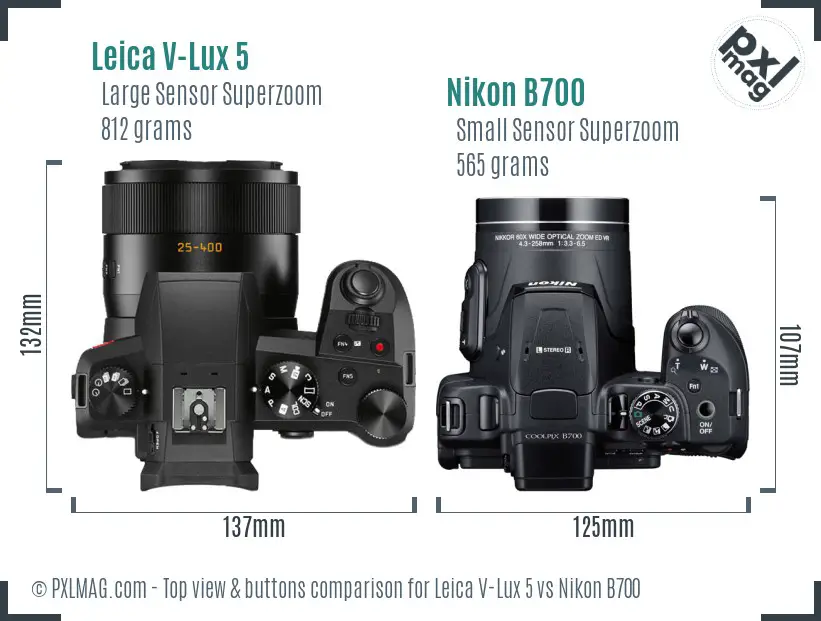 Leica V-Lux 5 vs Nikon B700 top view buttons comparison Leica V-Lux 5 vs Nikon B700 top view buttons comparison