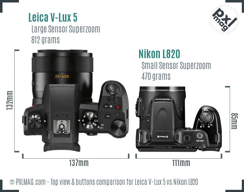 Leica V-Lux 5 vs Nikon L820 top view buttons comparison