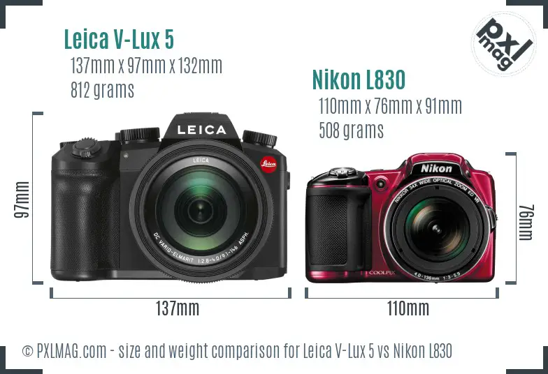 Leica V-Lux 5 vs Nikon L830 size comparison