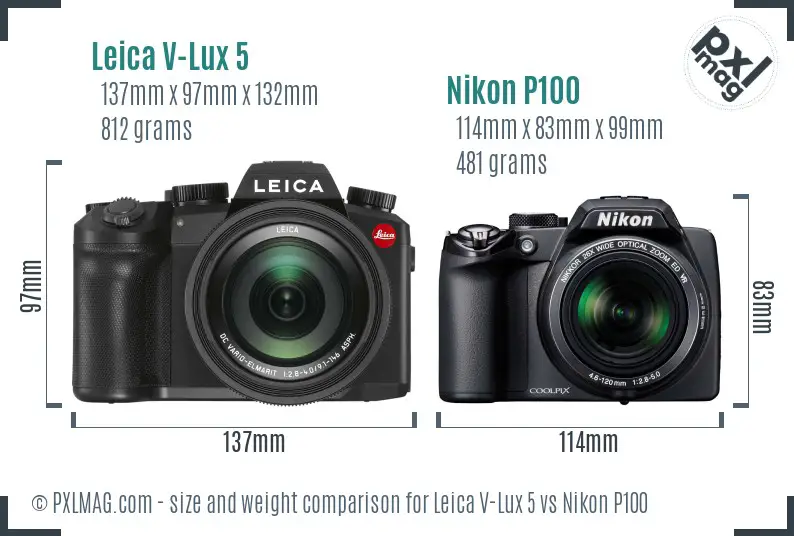 Leica V-Lux 5 vs Nikon P100 size comparison