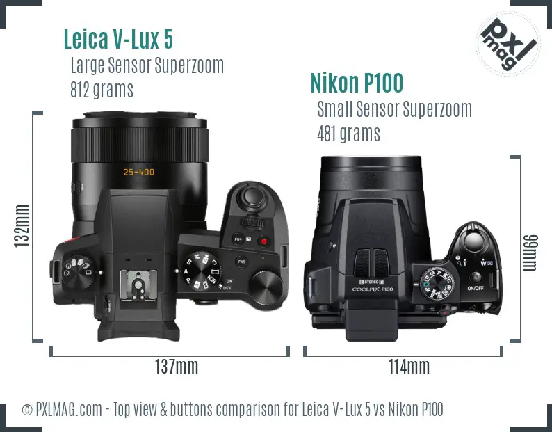 Leica V-Lux 5 vs Nikon P100 top view buttons comparison