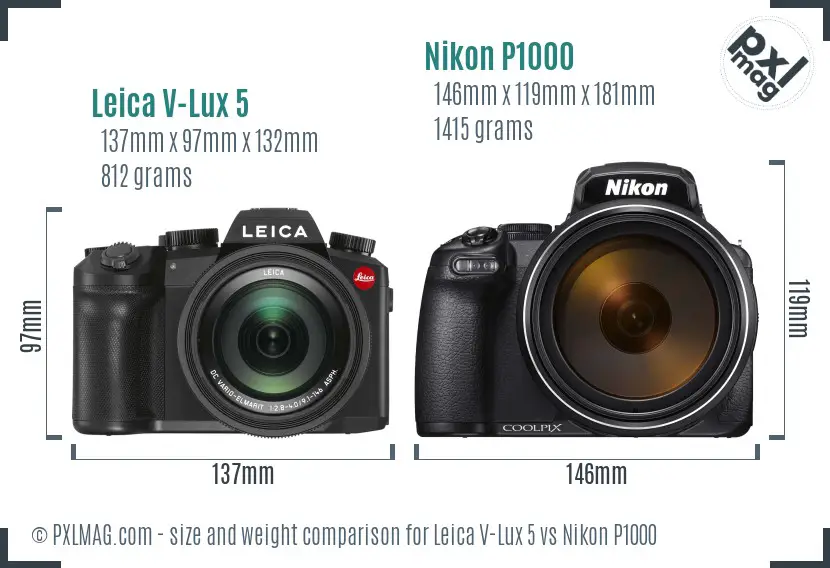 Leica V-Lux 5 vs Nikon P1000 size comparison