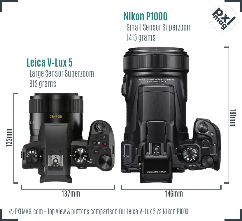 Leica V-Lux 5 vs Nikon P1000 top view buttons comparison