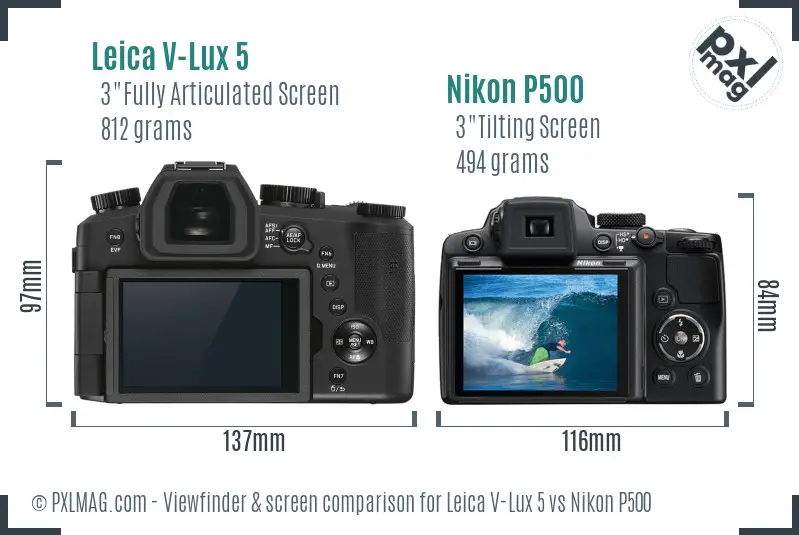 Leica V-Lux 5 vs Nikon P500 Screen and Viewfinder comparison