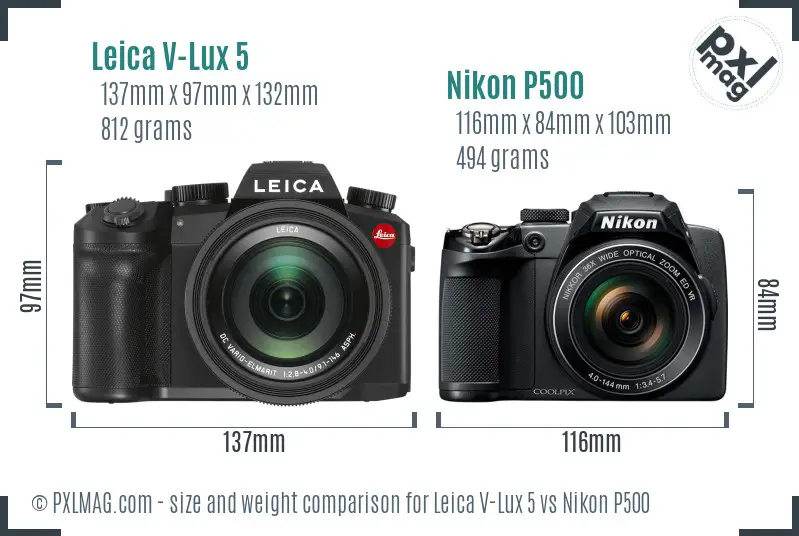 Leica V-Lux 5 vs Nikon P500 size comparison