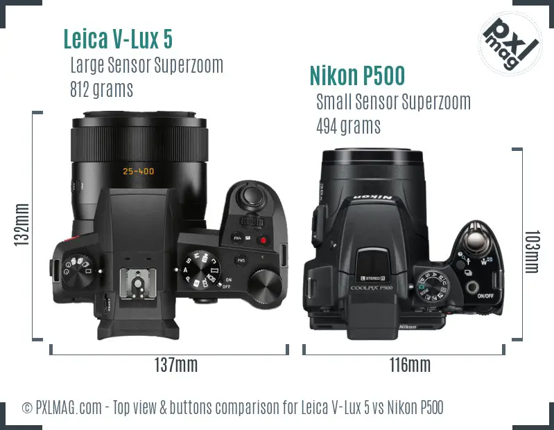 Leica V-Lux 5 vs Nikon P500 top view buttons comparison