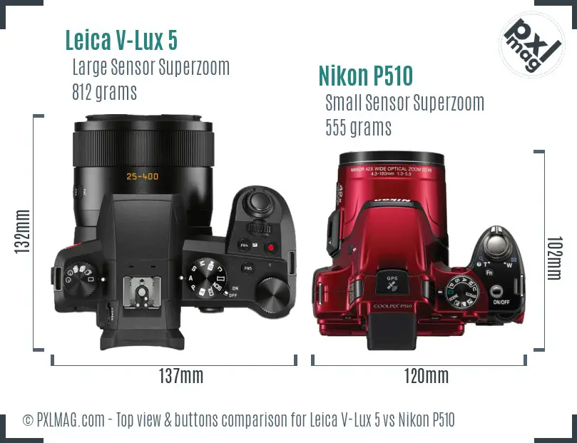 Leica V-Lux 5 vs Nikon P510 top view buttons comparison