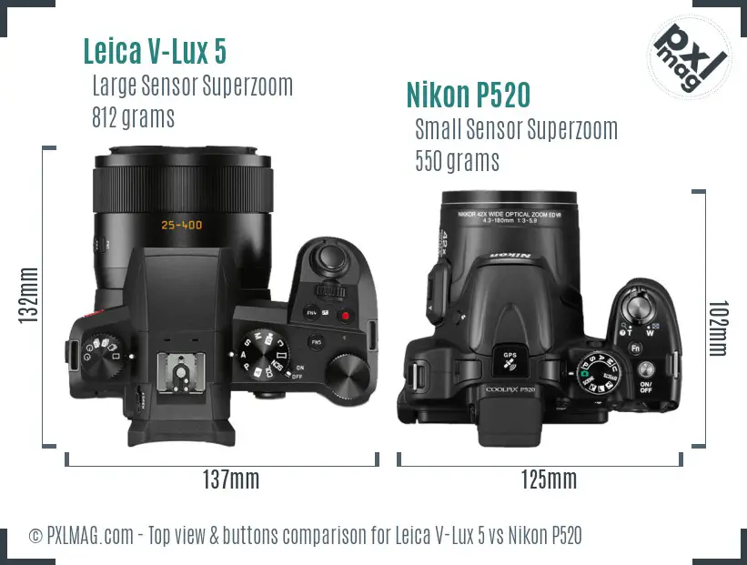 Leica V-Lux 5 vs Nikon P520 top view buttons comparison