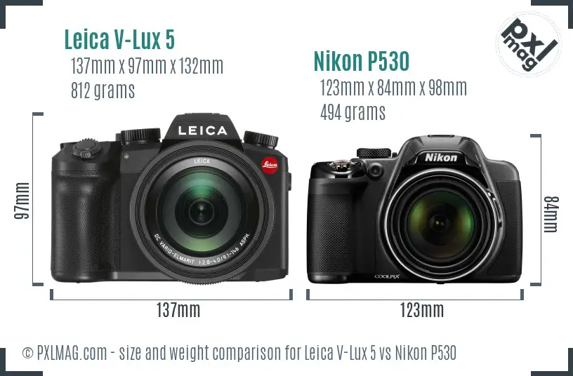 Leica V-Lux 5 vs Nikon P530 size comparison