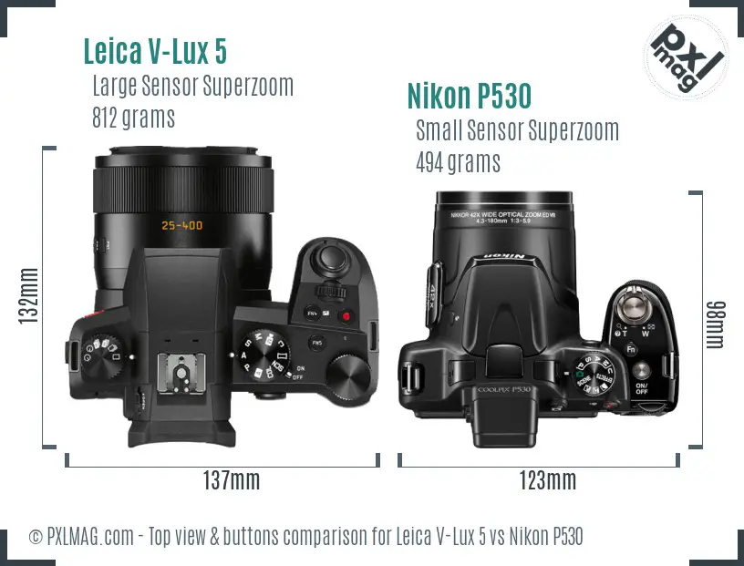 Leica V-Lux 5 vs Nikon P530 top view buttons comparison