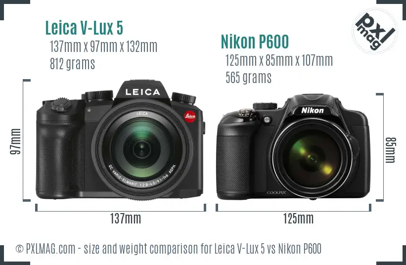 Leica V-Lux 5 vs Nikon P600 size comparison