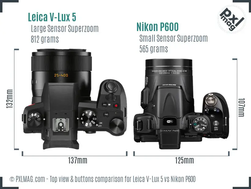 Leica V-Lux 5 vs Nikon P600 top view buttons comparison