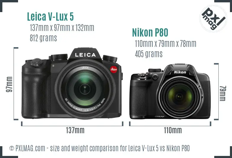 Leica V-Lux 5 vs Nikon P80 size comparison
