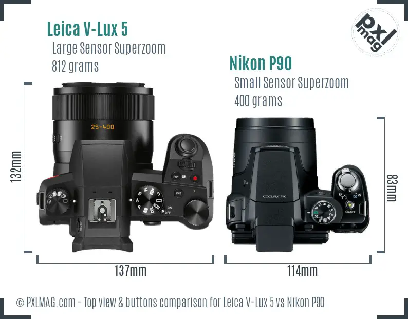 Leica V-Lux 5 vs Nikon P90 top view buttons comparison